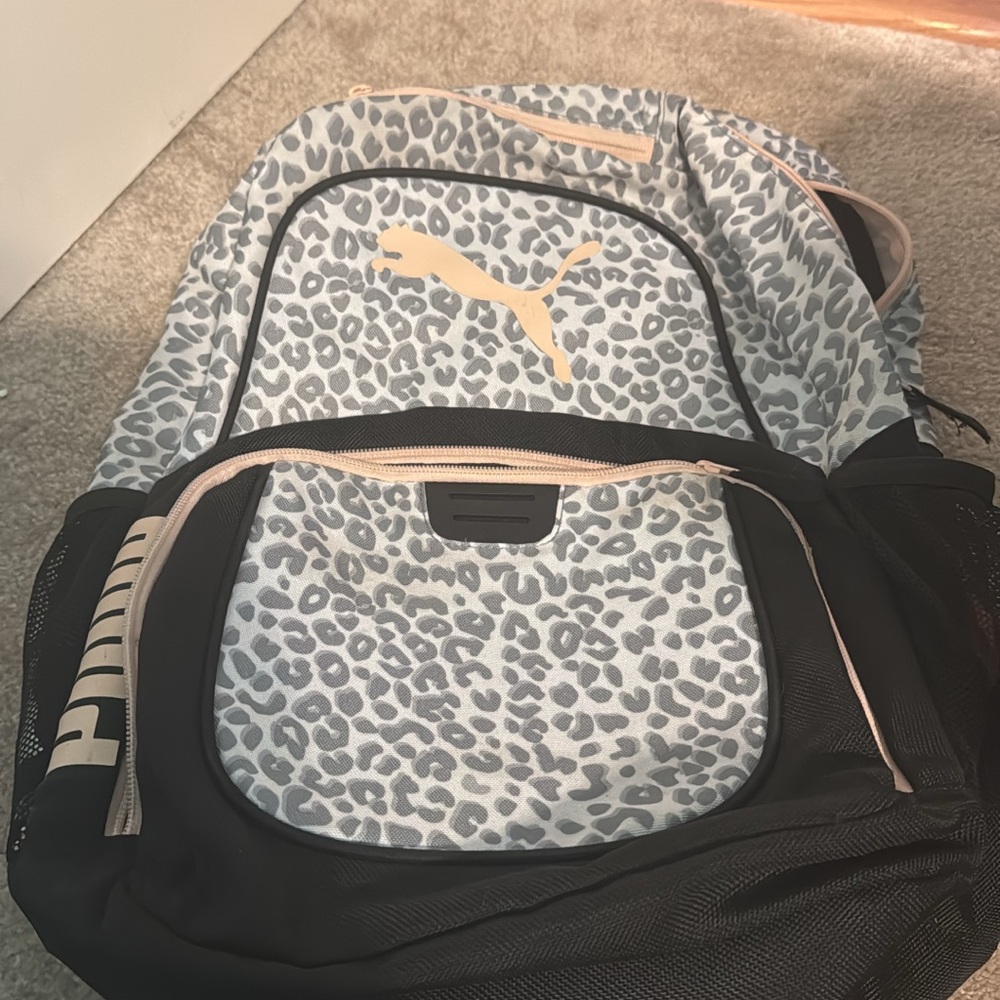Puma Leopard-Print Backpack with Soft Pink Logo and Accents